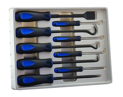 A set of nine heavy-duty picks and hooks, with blue and black comfort grip handles. Set also included a scraper, ideal for gasket scraping.