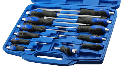 A set of 12 phillips & slotted screwdrivers with hex bolster caps for increased torque. Supplied in a blue plastic storage case.