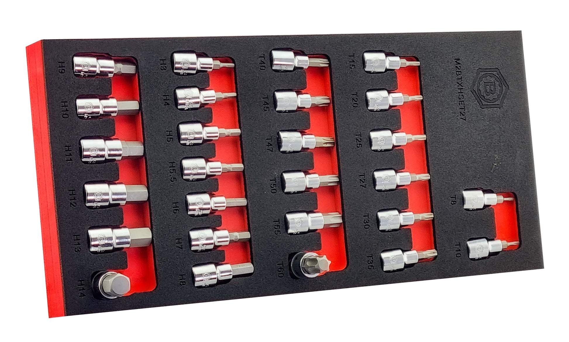 A britool 27 piece set of hexagon and torx bit sockets presented in a red and black EVA foam tray for easy storage in a toolbox drawer. Contain hex sizes 3 to 14mm and torx sizes T8 to T60 in 3/8" drive sockets.