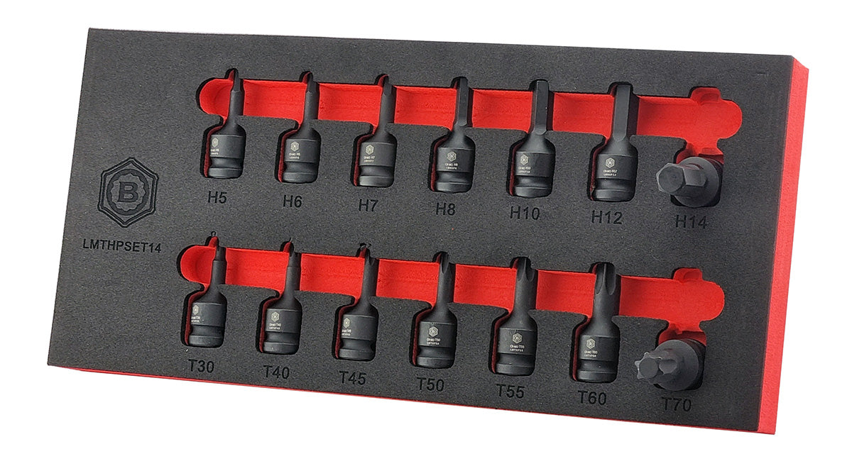 A set of black torx and hex impact drivers presented in a red and black EVA foam tray for easy storage in a toolbox drawer.