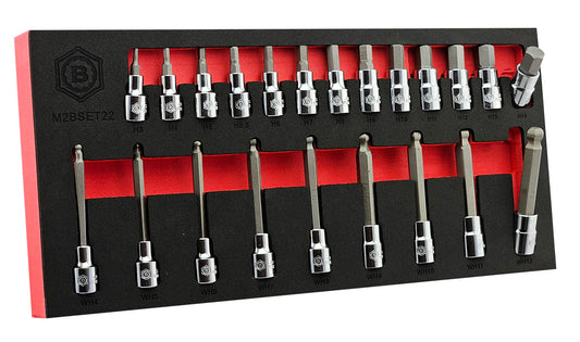 A 22 piece set of hexagon shaped keys fixed in 3/8" drive sockets. The set contains standard hex sizes 3 to 14mm and long ball-end hex sizes 4 to 12mm. Presented in an EVA tool control foam tray for easy storage.