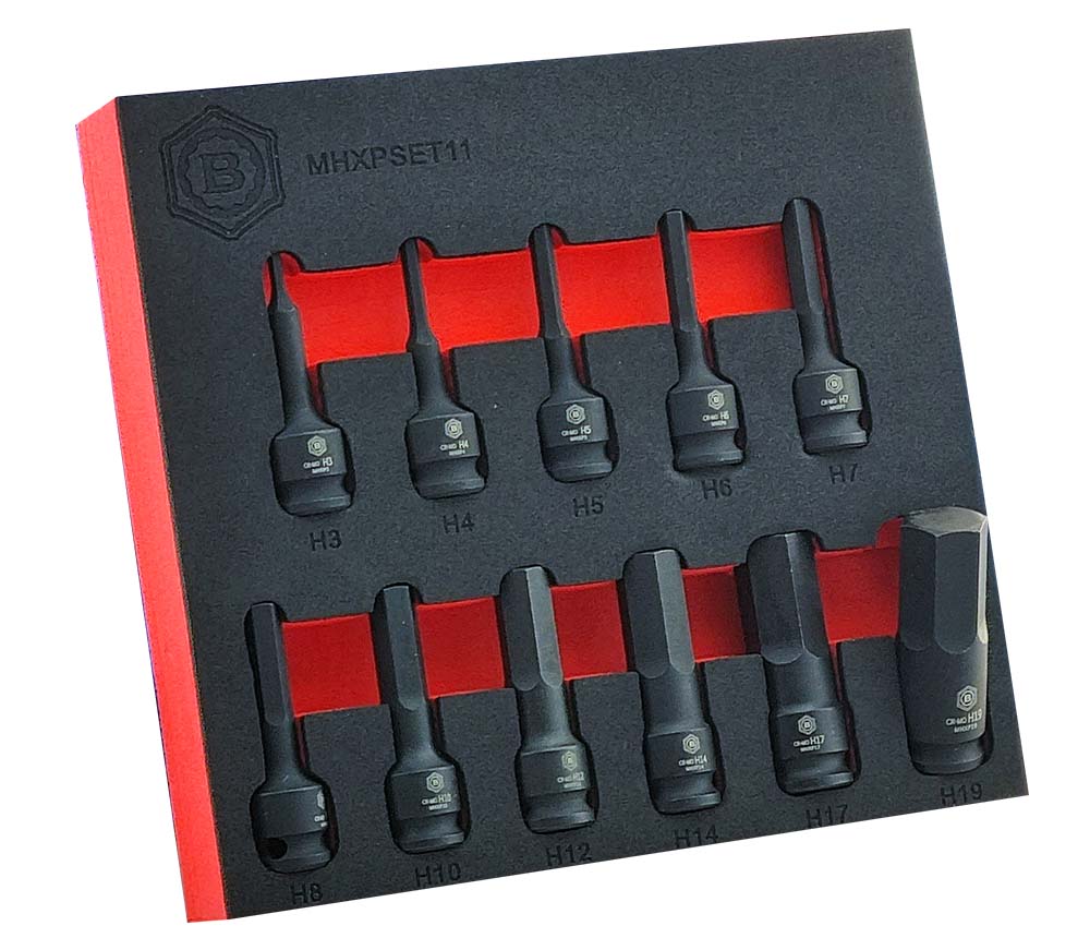 A Britool set of 11 black impact hex driver sockets. Contains sizes 3mm to 19mm. Presented in a red and black EVA foam tray.