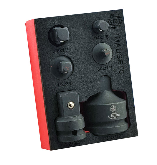 A set of black impact socket adapters for increasing or reducing square drive sizes. Supplied in red and black EVA foam tray.