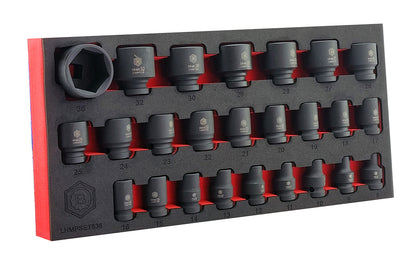 Britool black impact socket set with 25 sizes 8-36mm, in a black & red foam tray labelled 'LHMPSET836'.