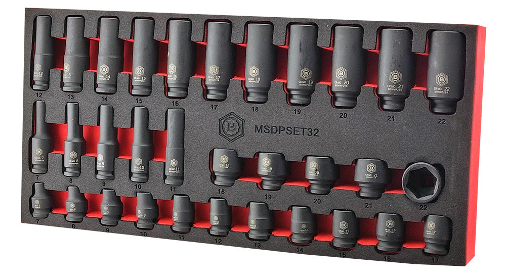 Britool black Impact Socket set with 32 sizes 7-22mm, long and short, in a red & black foam tray labelled 'MSDPSET32'.