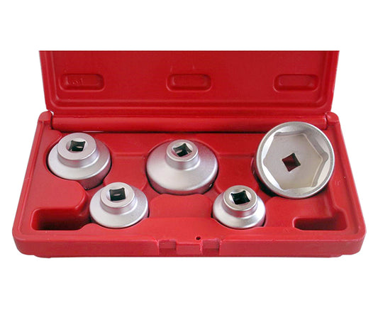 Five silver chrome vanadium low profile oil filter sockets, supplied in red plastic storage case. 