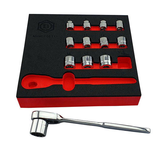 A Britool set of low profile 12-point sockets 8 to 19mm, and a slim design ratchet ideal for restricted access applications. Presented in a red and black EVA tool control foam tray.