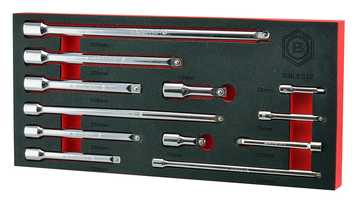 A set of 12 Britool extension bars in various drives and lengths. Supplied in a red & black tool control foam tray.