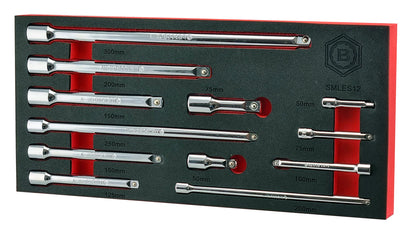 A set of 12 Britool extension bars in various drives and lengths. Supplied in a red & black tool control foam tray.