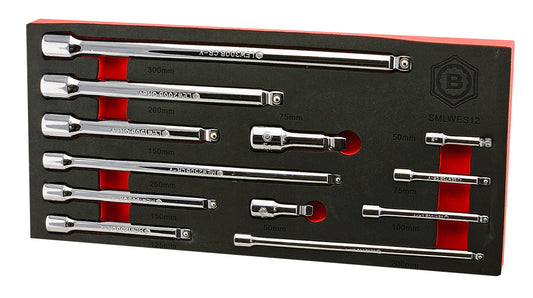 A set of 12 Britool wobble extension bars in various drives and lengths. Supplied in a red & black tool control foam tray.