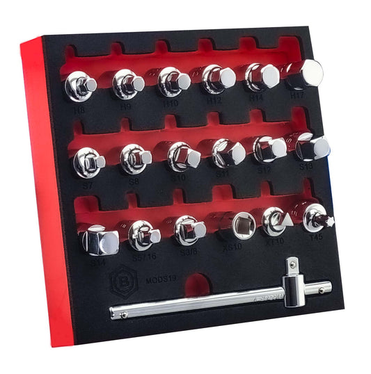 19-piece Britool 3/8" drive chrome socket set for vehicle oil sump key removal, fits most cars/vans, in red & black foam tray.