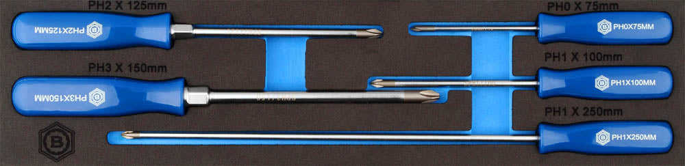 A set of 5 Britool screwdrivers with blue handles for Phillips screws. Presented in a tool control foam tray.