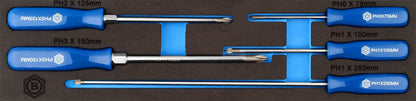 A set of 5 Britool screwdrivers with blue handles for Phillips screws. Presented in a tool control foam tray.