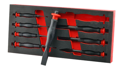 A set of 8 heavy-duty sheathed punch and chisels sets supplied in EVA foam tray.