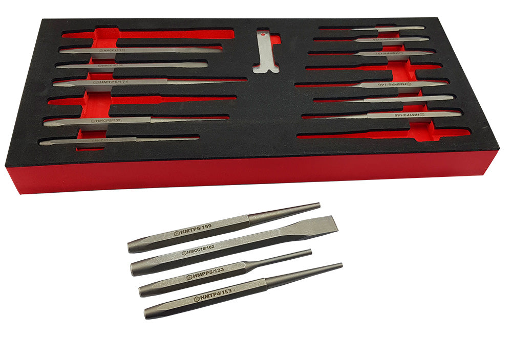 A set of 15 punch and chisels supplied in red and black EVA foam tray.