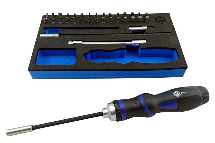 a Britool Hallmark screwdriver set, including a ratchet handle, hex blades, and assorted bits, supplied in blue & black EVA foam tray.