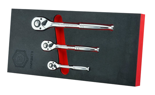 1/4", 3/8" and 1/2" pear-head ratchets, supplied in a red & black EVA foam tray.