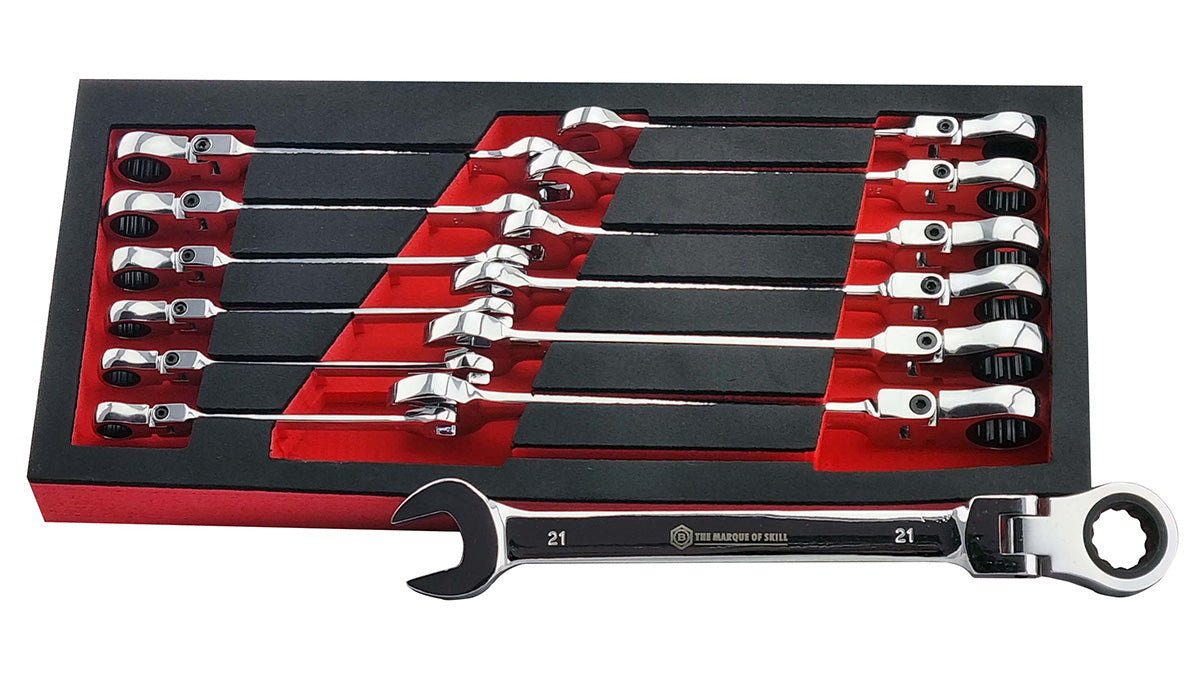 A Britool Hallmark 13-piece spanner set in a red & black EVA foam, featuring open jaws and a 180° pivoting ratchet ring for tight spaces.