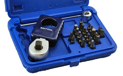 A Britool 3/8" drive compact folding ratchet set, with a selection of popular screwdriver bits, ideal for restricted access applications. Supplied in blue plastic storage case.