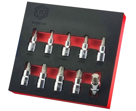 A set of 10 Britool Ribe bit sockets, sizes M4 to M14. 3/8" square drive, presented in a red & black EVA tool control foam tray. 