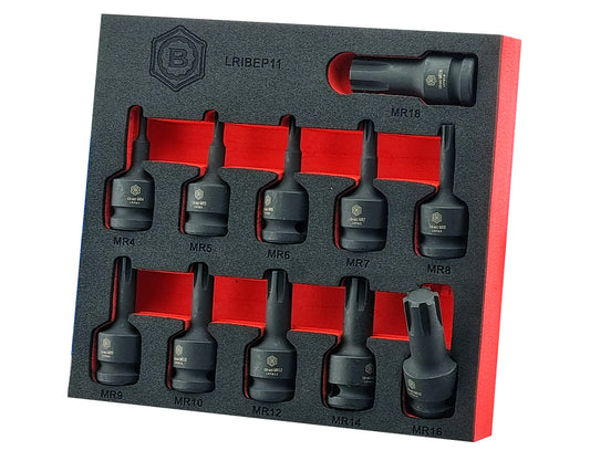 A set of black ribe impact drivers, sizes M4 to M18. Presented in a red and black EVA tool control foam tray for easy storage in a toolbox drawer.