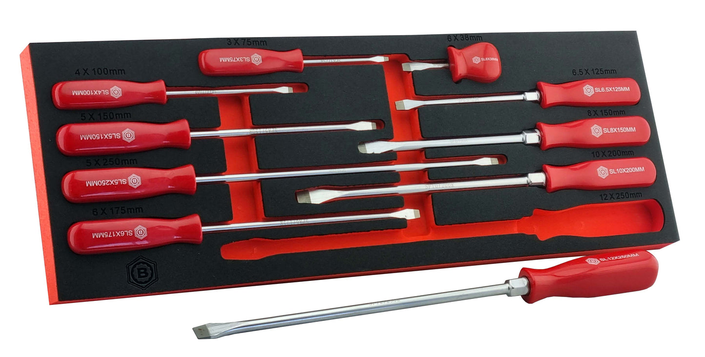 A set of Britool red handled screwdrivers, with flat slotted blades. Presented in a red & black tool control foam tray.