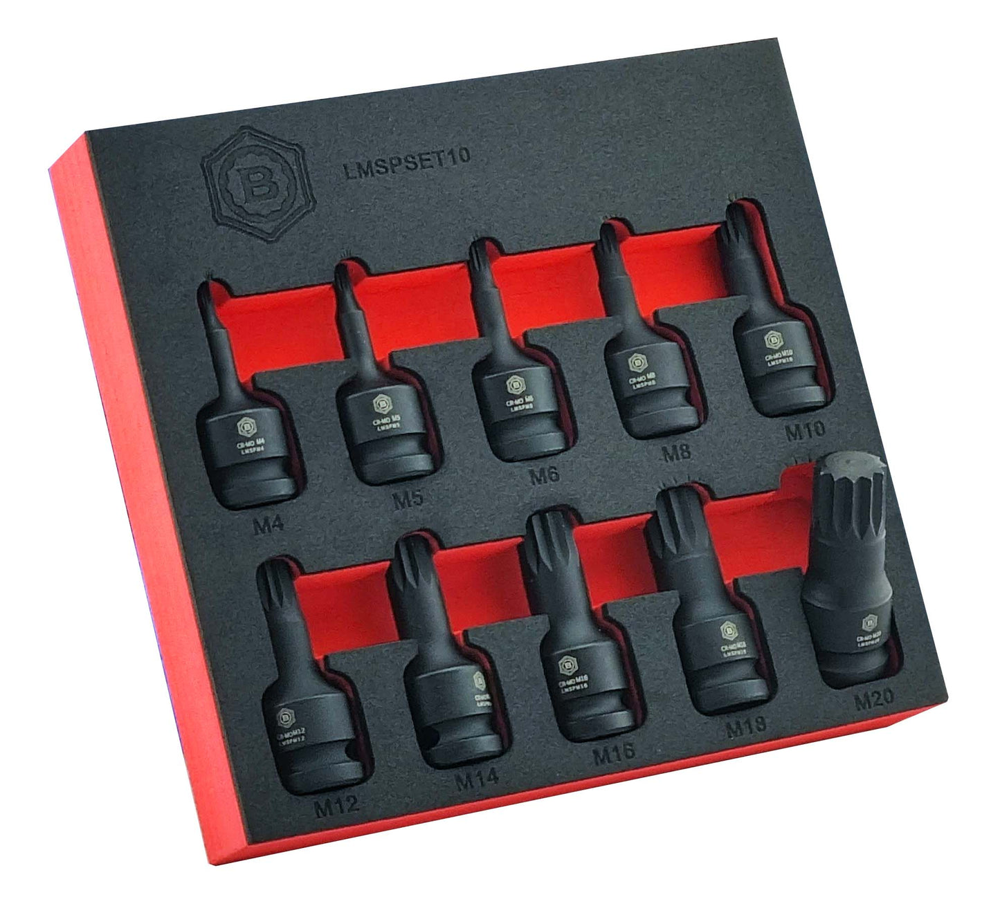 A set of black impact spline sockets from M4 to M20 presented in a red and black EVA tool control foam for easy storage in a toolbox drawer.