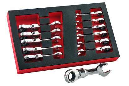 A Britool Hallmark 12-piece stubby spanner set in a red & black foam, featuring open jaws and a 180° pivoting ratchet ring for tight spaces.