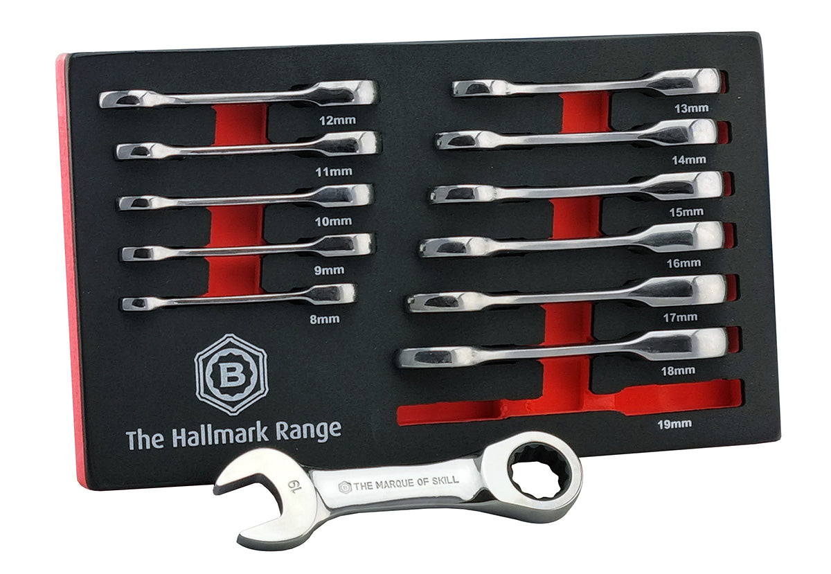 Britool Hallmark stubby ratchet spanners, 72-tooth, 8-19mm sizes for efficient fastening in tight spaces. Supplied in EVA foam tray.