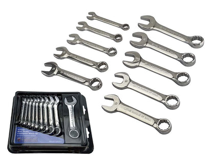 A set of 10 britool stubby spanners, with shinny chrome finish, sizes 10-19mm supplied in plastic display packaging.