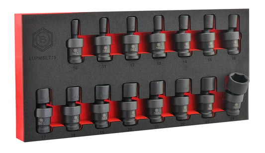 A set of 15 black impact sockets, sizes 10 to 24mm, with swivel ball joint design for improved access. Presented in a red and black EVA tool control foam for easy storage in a toolbox drawer.