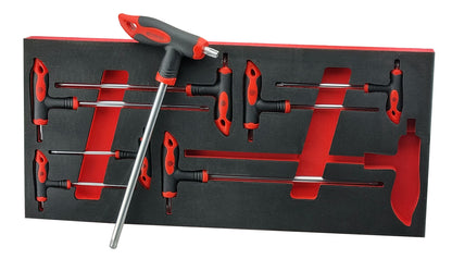 Britool torx keys featuring red & black T-shaped handles, sizes T10 to T50, stored in an EVA foam tray for easy access.