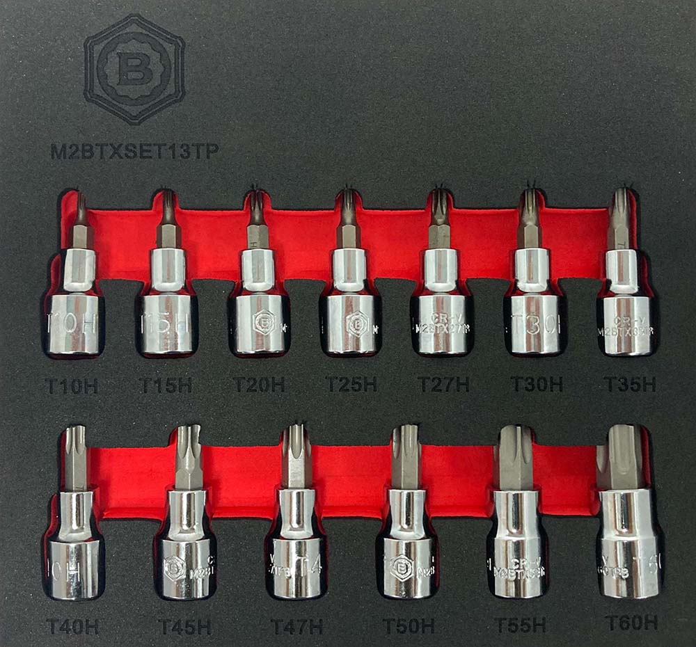 A Britool 13 piece tamperproof torx star bit socket set set. Contains 3/8" drive sizes T10 to T60. Presented in a red and black EVA tool control foam for easy and secure storage.