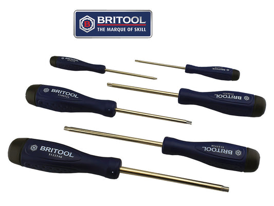 6 Britool Torx screwdrivers with blue and black ergonomic handles.