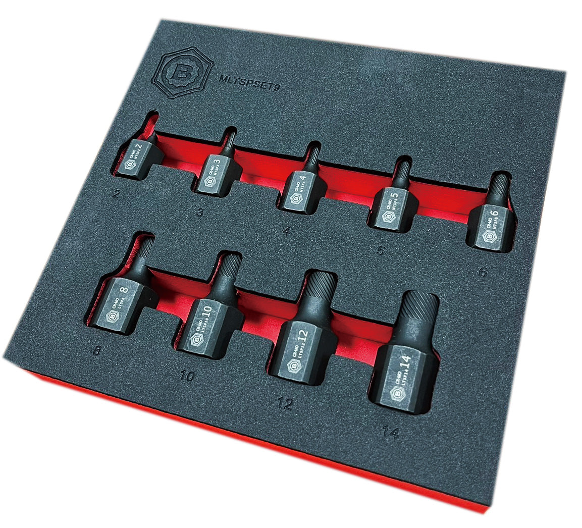 A Britool set of 9 twist sockets for removing broken studs. Contains sizes 2mm to 14mm. Supplied in red & black EVA foam tray.