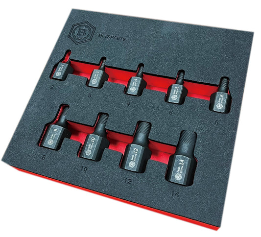 A Britool set of 9 twist sockets for removing broken studs. Contains sizes 2mm to 14mm. Supplied in red & black EVA foam tray.