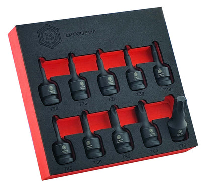 A set of black impact male torx sockets, from sizes T20 to T70. Presented in a red and black EVA tool control foam tray for easy storage in a toolbox drawer.