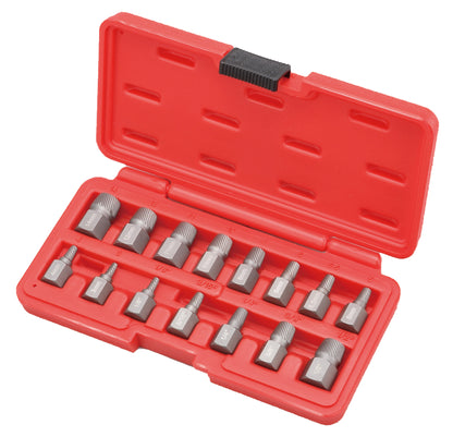 a set of 15 screw extractors for removing broken screws and studs. Supplied in red plastic storage case.