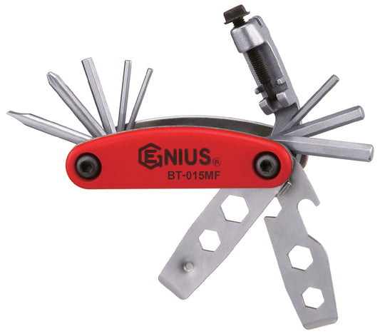 A compact swiss army style folding multi-tool featuring essential tools for repairing push bikes.