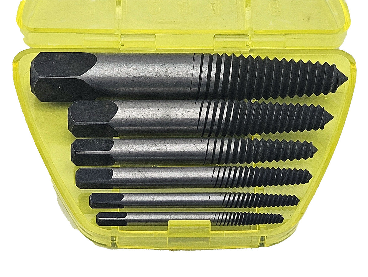 A set of 6 screw extractors for removing damaged bolts and screws. Covers sizes 3 to 25mm.