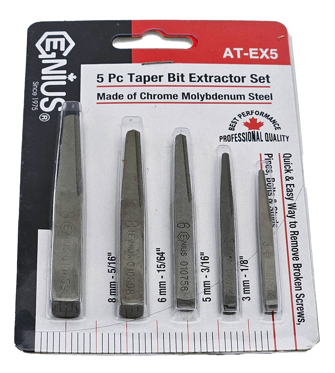 A set of 5 tapered extractors for removing damaged screws and bolts.