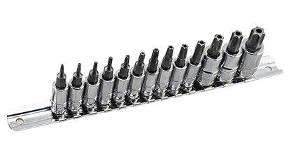 A set of 13 tamperproof torx bit sockets on a socket rail. Contains sizes T7 to T55.