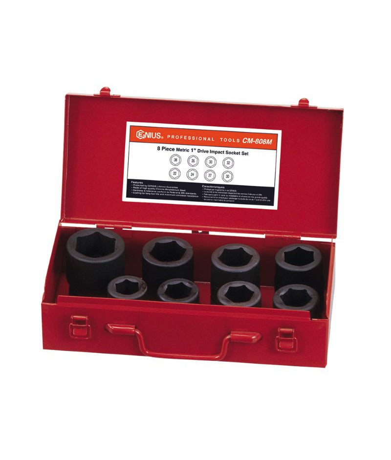 A set of 8 black 1" impact sockets, supplied in a red metal storage tin. Contains sizes 22 to 38mm.