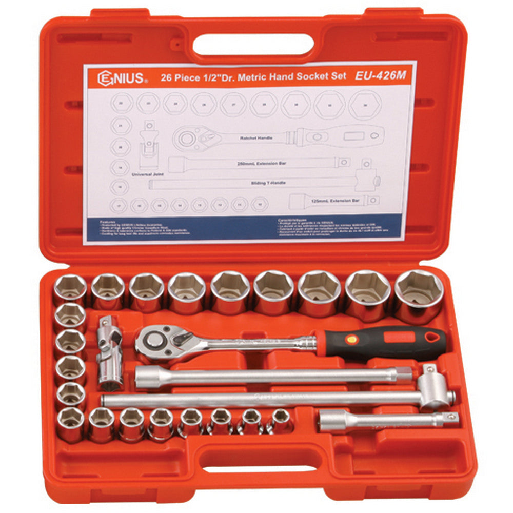 21 metric sockets (10-34mm), extension bars, T-handle, U-joint & ratchet in a red carry case for easy storage & portability.