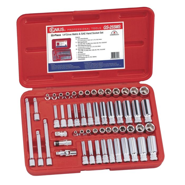 A 1/4" metric and AF socket and accessory set in a red plastic storage case.