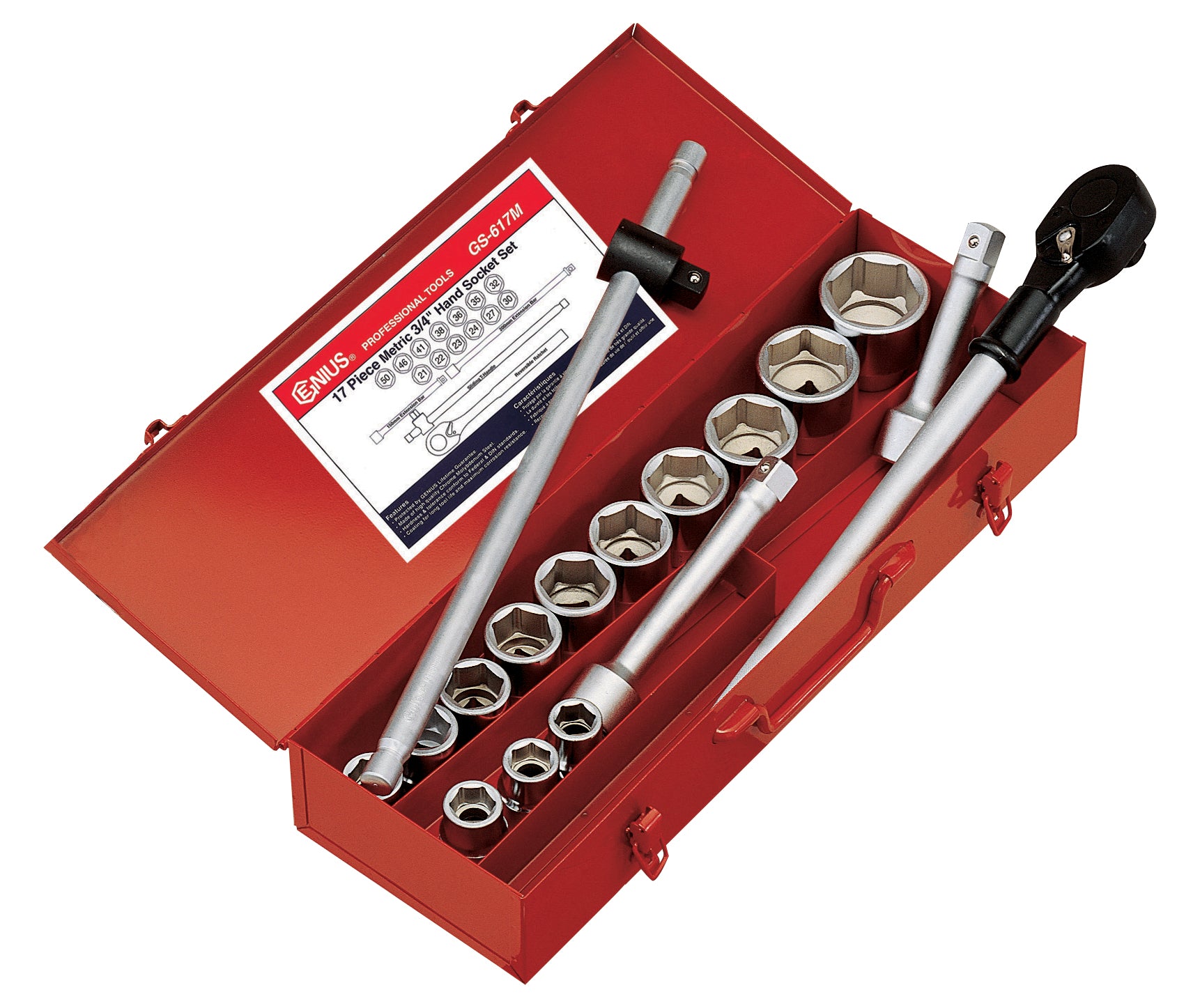 3/4" metric sockets (21-50mm), ratchet, extension bars and t-bar supplied in a metal storage case.