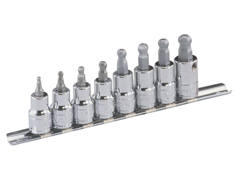 A set of 8 ball-end hex key sockets on a metal socket rail. Contains sizes 1/8" to 3/8"