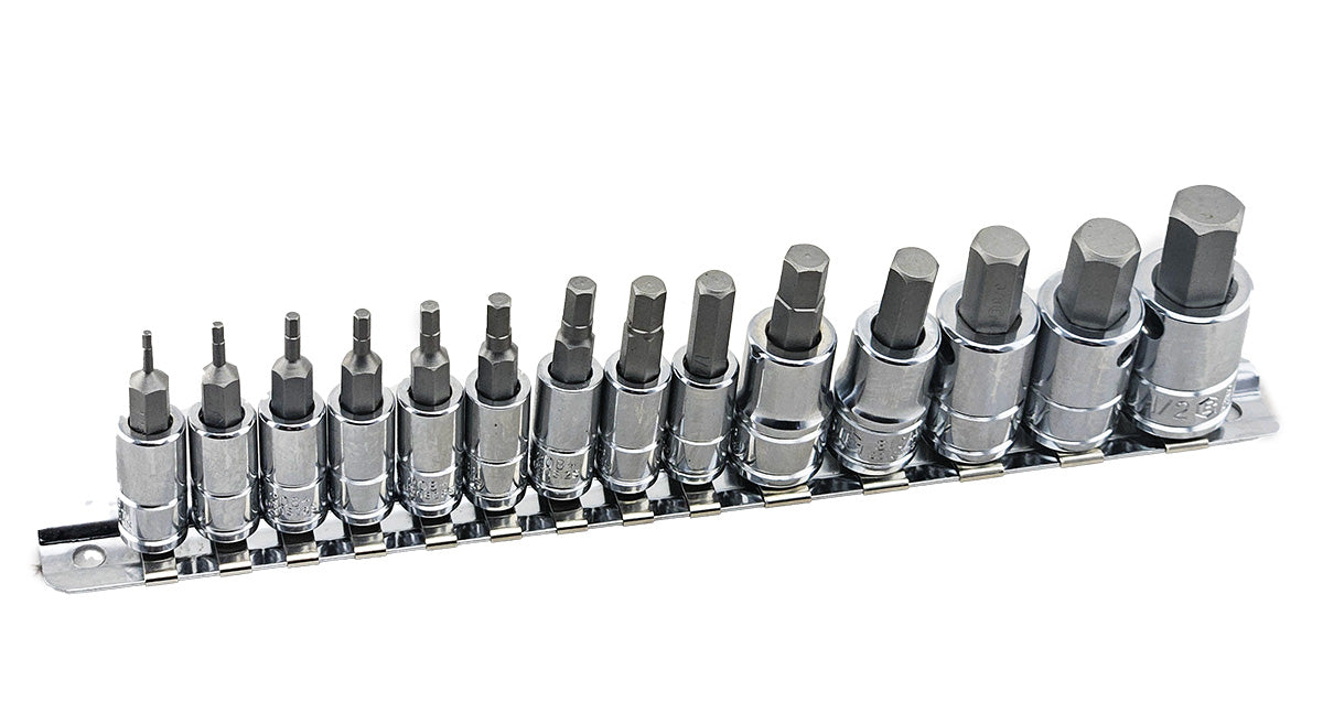 A set of 14 AF hex bit sockets on a metal socket rail. Contains sizes 1/16" to 1/2"