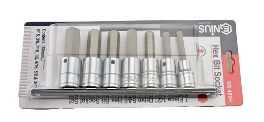 A set of 7 AF hex bit sockets with 1/2" drive supplied on a metal socket rail. Contains imperial sizes 5/16" to 3/4".