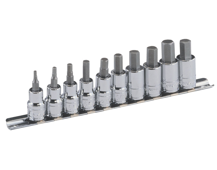 A set of 10 AF hexagon bit sockets on a metal rail, all 3/8" drive. Contains sizes 1/8" to 1/2". 